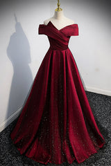 Evening Dress Open Back, Burgundy Satin Off the Shoulder Prom Dress, A-Line Evening Graduation Dress