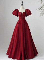 Burgundy Satin Puff Sleeve Pleats Prom Dress