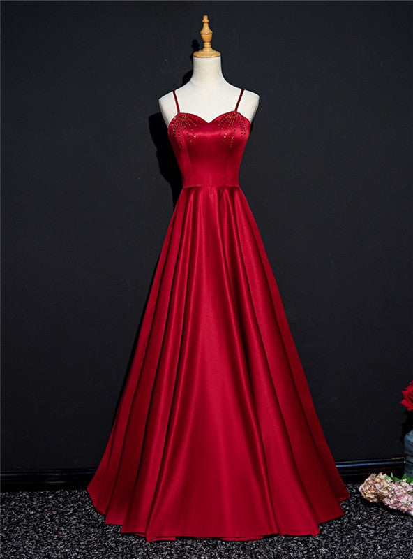 Burgundy Satin Spaghetti Straps Beading Prom Dress