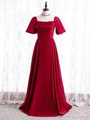 Burgundy Satin Square Short Sleeve Prom Dress