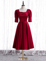 Burgundy Satin Square Short Sleeve Tea Length Prom Dress