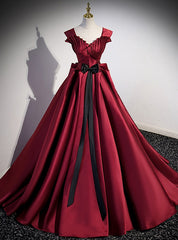 Burgundy Satin Strapls Pleats Prom Dress With Bow