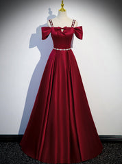 Burgundy Satin Straps Bow Prom Dress