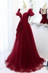 Homecoming Dress Chiffon, Burgundy Satin Tulle Long Prom Dress, A-Line Short Sleeve Evening Party Dress