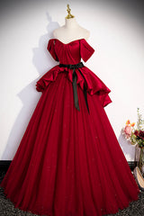 Bridesmaid Dress Colors Scheme, Burgundy Satin Tulle Long Prom Dress, Off Shoulder Evening Dress