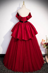 Bridesmaid Dresses Mismatched, Burgundy Satin Tulle Long Prom Dress, Off Shoulder Evening Dress