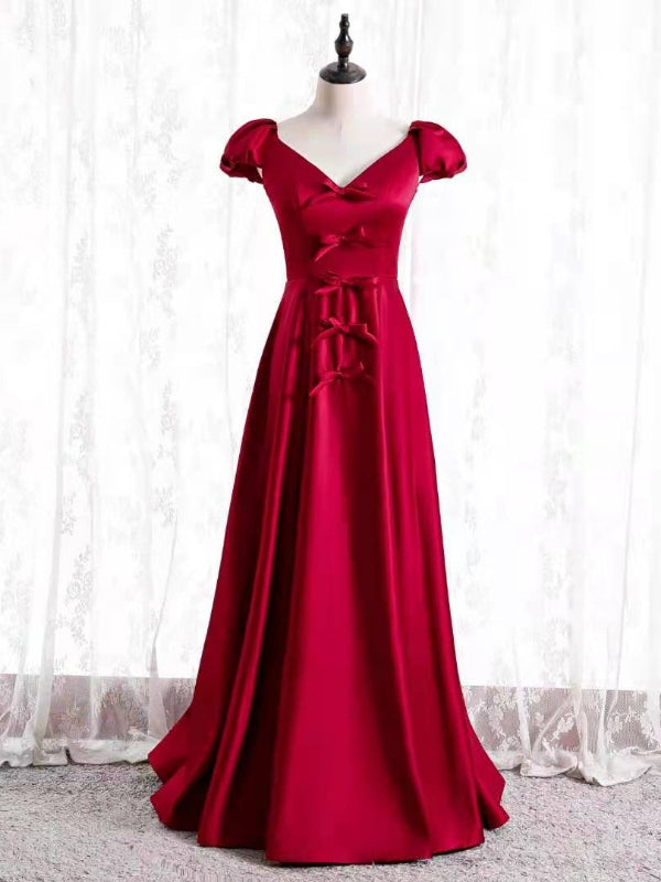 Burgundy Satin V-neck Cap Sleeve Bow Prom Dress