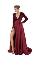 Formal Dress Homecoming, Sequined Satin A Line Front Slit V Neck Full Sleeve Sweep Train Long Prom Dresses