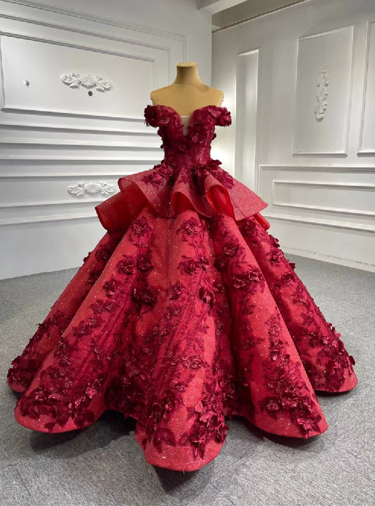 Burgundy Sequins Off the Shoulder 3D Flower Floor Length Prom Dress