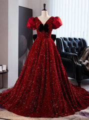 Burgundy Sequins Puff Sleeve Prom Dress