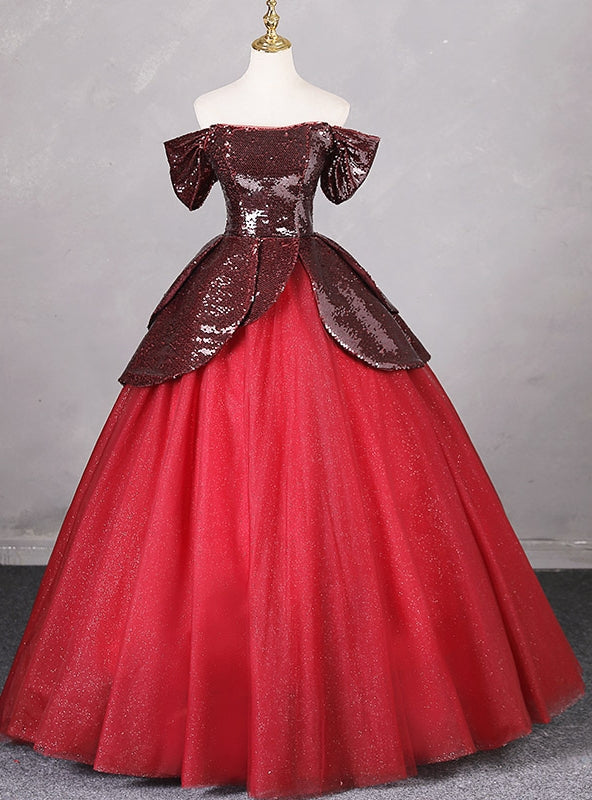 Burgundy Sequins Tulle Off the Shoulder Quinceanera Dress