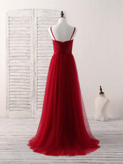 Pretty Prom Dress, Burgundy Sweetheart Neck Tulle High Low Prom Dress, Burgundy Formal Dress