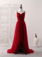 Prom Dress Long, Burgundy Sweetheart Neck Tulle High Low Prom Dress, Burgundy Formal Dress