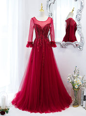 Burgundy Tulle Appliques Beading Backless Prom Dress