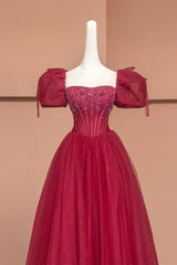 Burgundy Tulle Beaded Floor Length Prom Dress, A-Line Short Sleeve Evening Dress