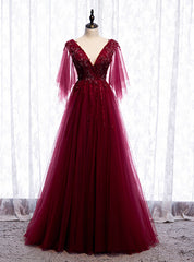 Burgundy Tulle Deep V-neck Beading Prom Dress