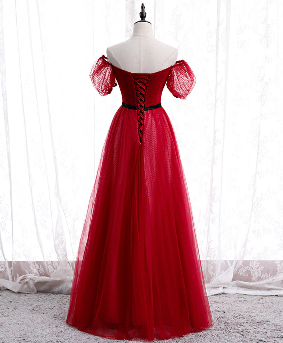 Evening Dresses Wedding, Burgundy Tulle Lace Long Prom Dress Burgundy Formal Dress