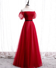 Evening Dress Wedding, Burgundy Tulle Lace Long Prom Dress Burgundy Formal Dress