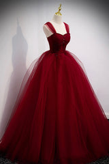 Evening Dress Short, Burgundy Tulle Long A-Line Evening Dress, Off the Shoulder Formal Party Dress