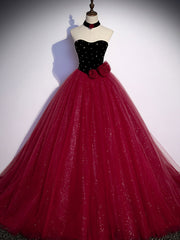 Black Dress, Burgundy  Tulle Long Prom Dress A line Burgundy Graduation Dresses