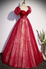 Formal Dresses To Wear To A Wedding, Burgundy Tulle Long Prom Dress with Sequins, A-Line Short Sleeve Evening Dress