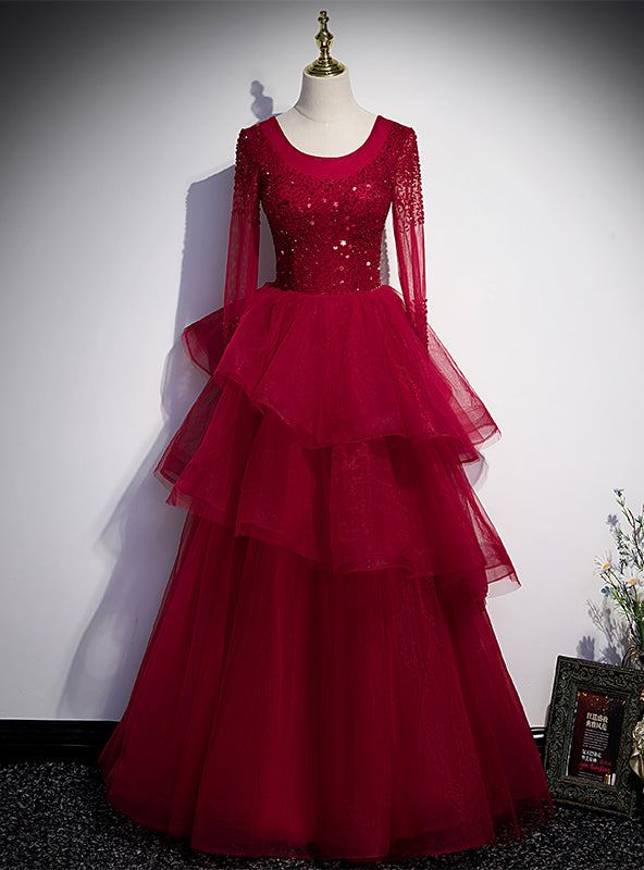 Burgundy Tulle Long Sleeve Beading Prom Dress