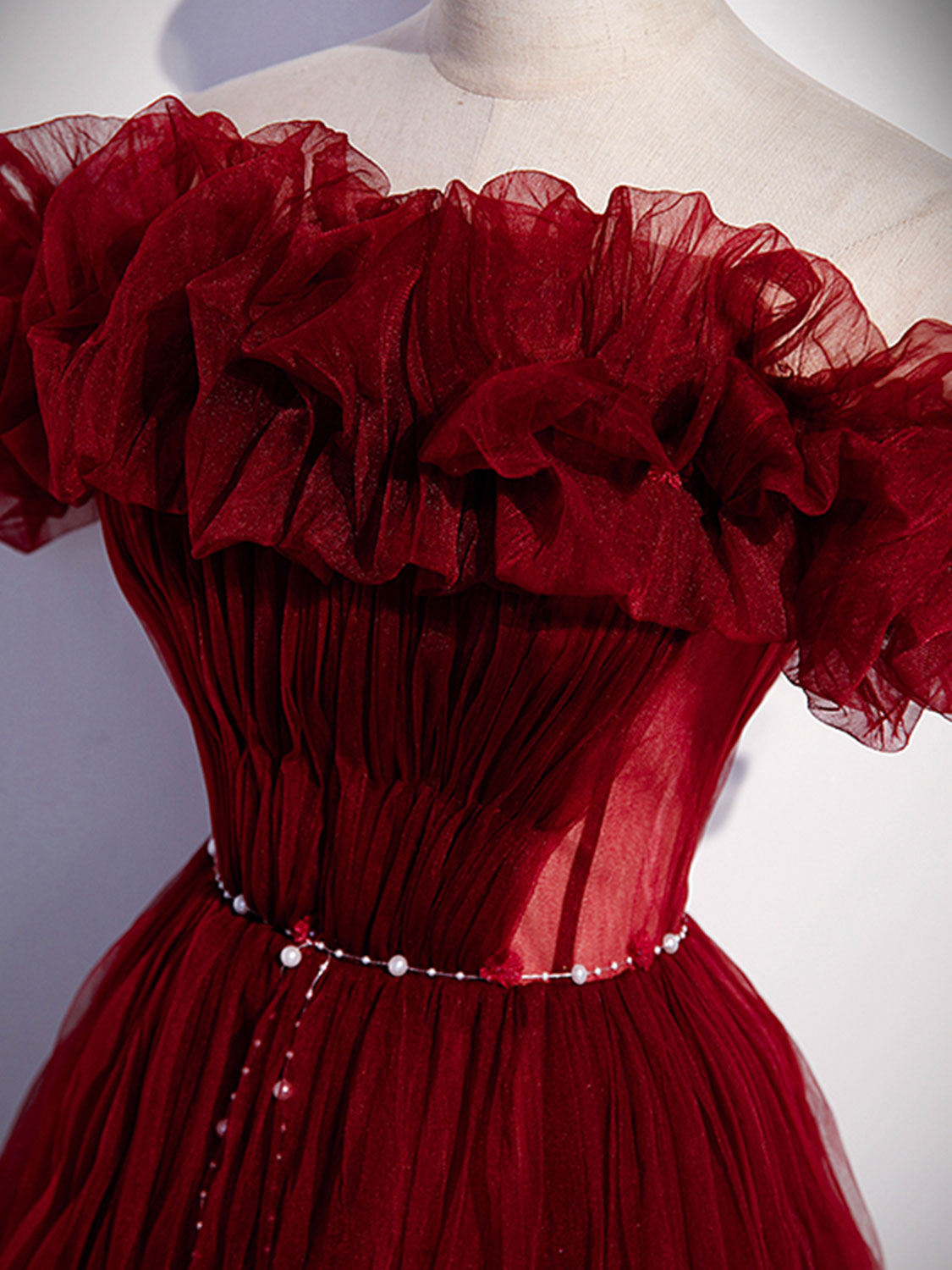 Party Dress Sparkle, Burgundy Tulle Off Shoulder Long Prom Dress, Burgundy Evening Dress