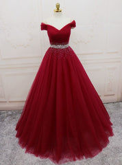 Burgundy Tulle Off the Shoulder Pleats Beading Prom Dress