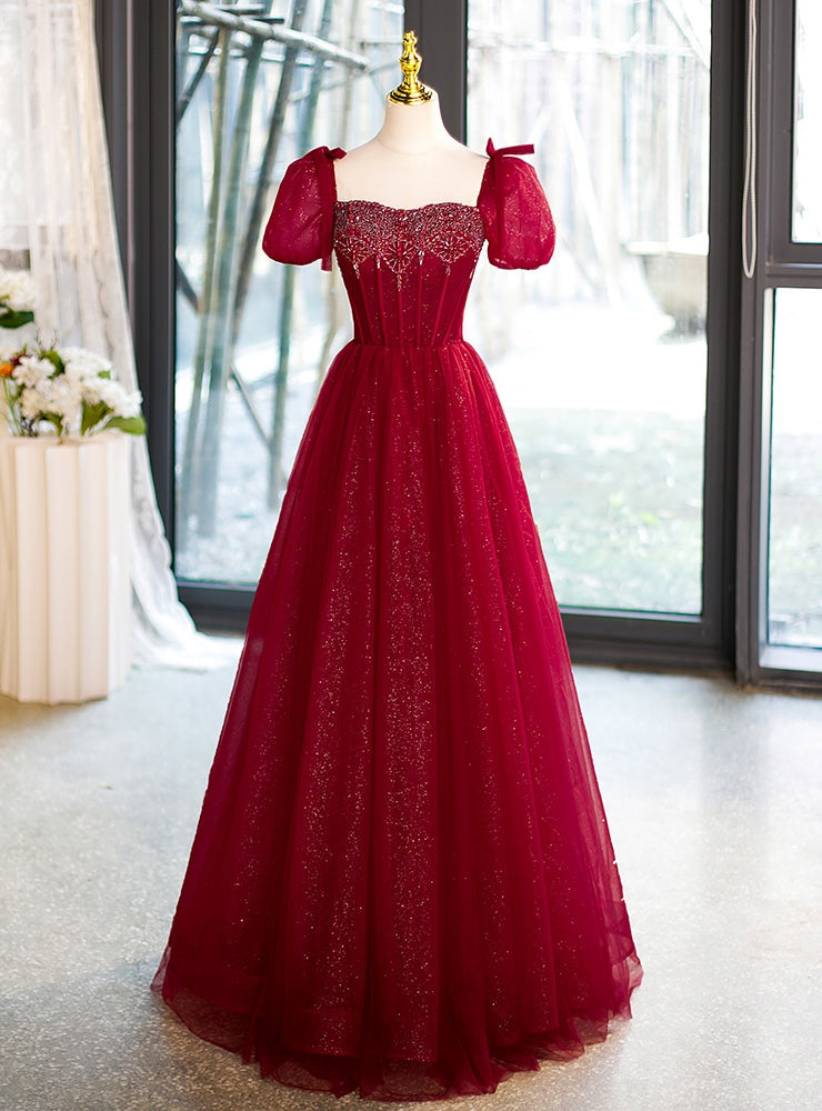 Burgundy Tulle Puff Sleeve Beading Prom Dress