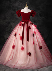 Burgundy Tulle Puff Sleeve Off the Shoulder Quinceanera Dress