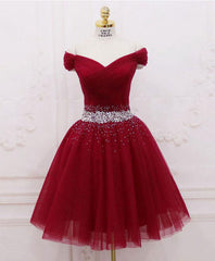 Homecomming Dresses Green, Burgundy Tulle Sequin Short Prom Dress, Burgundy Homecoming Dress