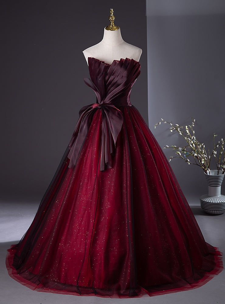 Burgundy Tulle Sequins Strapless Pleats Prom Dress