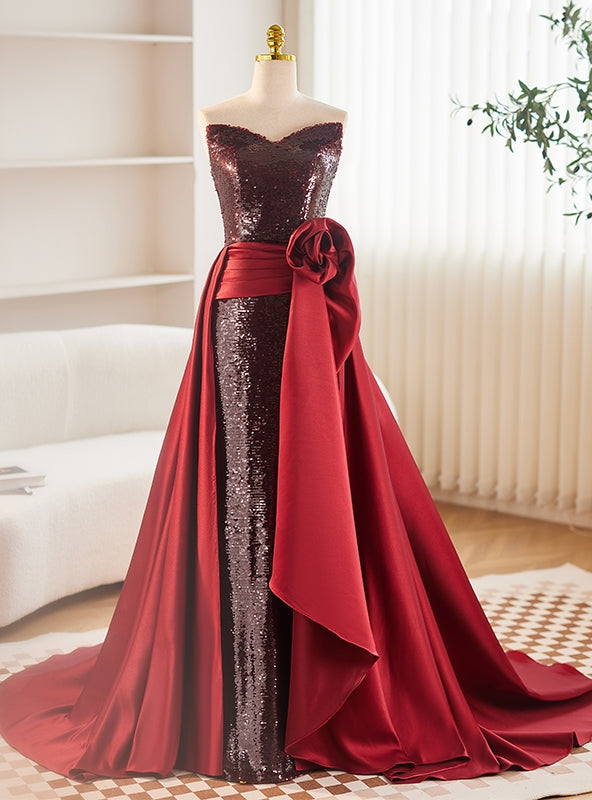 Burgundy Tulle Sequins Strapless Prom Dress