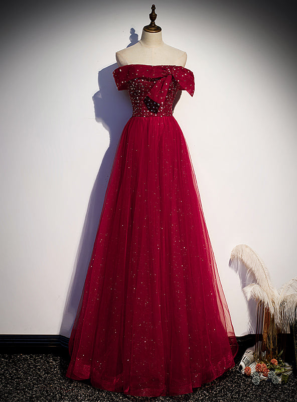 Burgundy Tulle Seuqins Beading Off the Shoulder Prom Dress