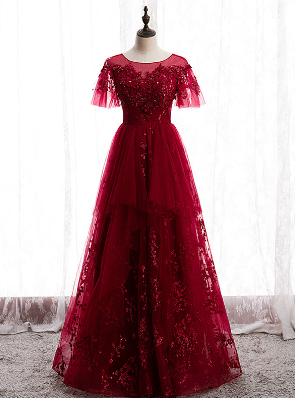 Burgundy Tulle Seuqins Short Sleeve Beading Prom Dress