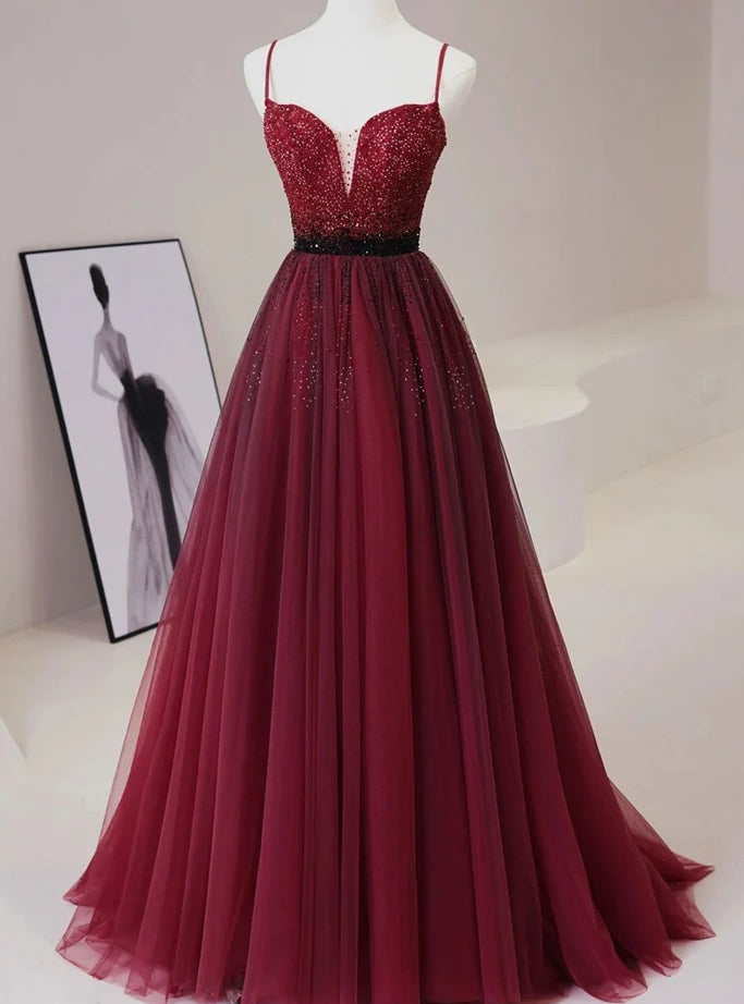 Burgundy Tulle Spaghetti Straps Beaded Prom Dress