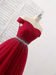 Prom Dresses Long Sleeves, Burgundy Tulle Sweetheart Neck Long Prom Dress, Burgundy Evening Dress