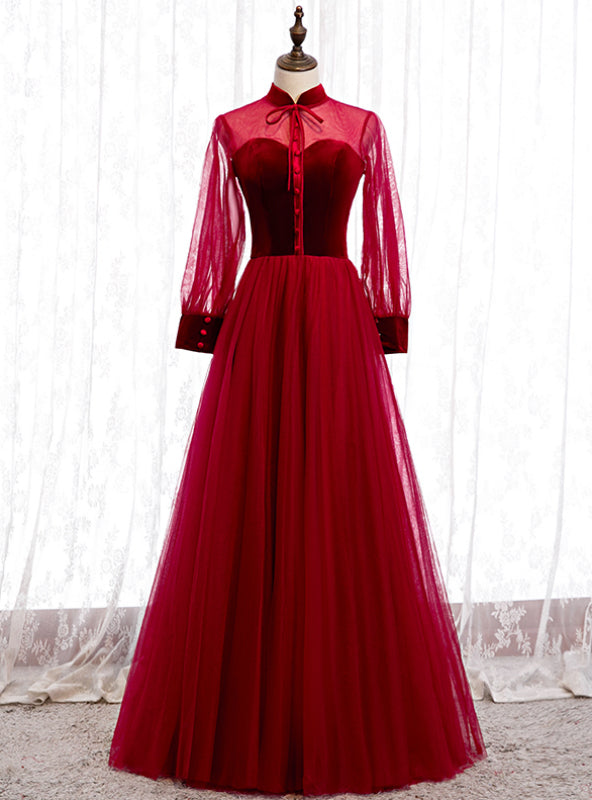 Burgundy Tulle Velvet Long Sleeve Button Prom Dress