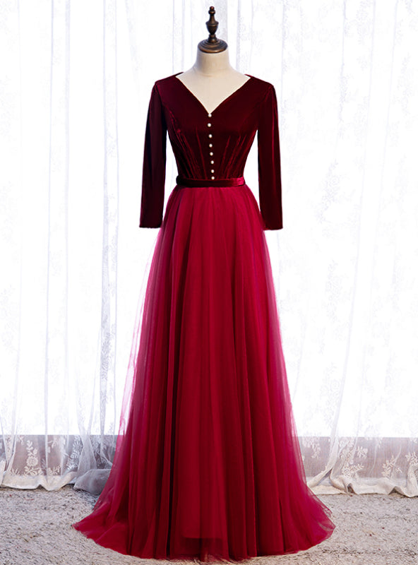 Burgundy Tulle Velvet Long Sleeve Pleats Prom Dress