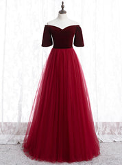 Burgundy Tulle Velvet Off the Shoulder Short Sleeve Prom Dress