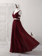 Bridesmaids Dresses On Sale, Burgundy Two Pieces Chiffon Long Prom Dress, Evening Dress