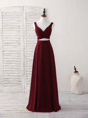 Bridesmaide Dresses Long, Burgundy Two Pieces Chiffon Long Prom Dress, Evening Dress