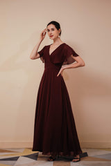 Party Dress Night Out, Burgundy V-Neck Chiffon A Line Long Prom Dresses