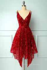 Bridesmaid Dress Color, Burgundy v neck lace high low prom dress lace formal dress