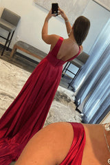 Burgundy V Neck Lace Long Prom Evening Dress with High Slit