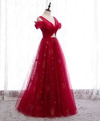 Evening Dress Near Me, Burgundy V Neck Tulle Lace Long Prom Dress Burgundy Evening Dress