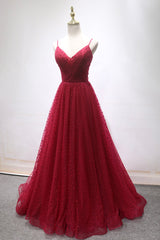 Formal Dressing For Wedding, Burgundy V-Neck Tulle Long Prom Dress, A-Line Backless Evening Party Dress