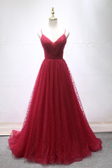 Formal Dress For Wedding, Burgundy V-Neck Tulle Long Prom Dress, A-Line Backless Evening Party Dress