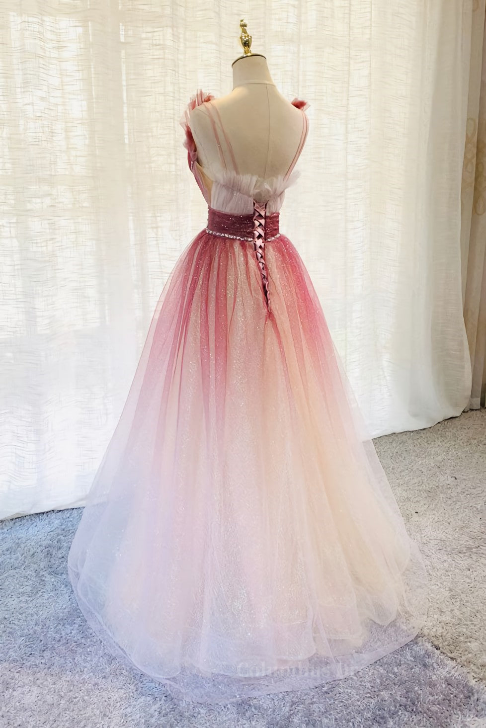 Homecoming Dress Formal, Burgundy v neck tulle sequin long prom dress burgundy evening dress