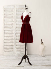 Party Dress Short, Burgundy V Neck Velvet Short Prom Dress, Burgundy Homecoming Dress